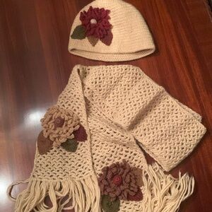 Crocheted hat and scarf in lovely tannish cream color with accents